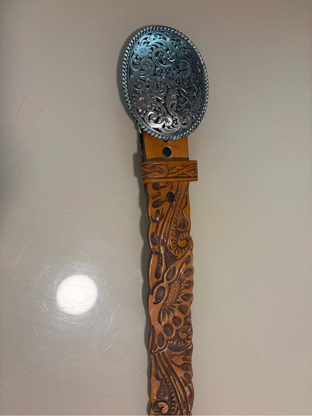 Tooled Leather Floral Western Belt with Decorative Silver Buckle - Brown